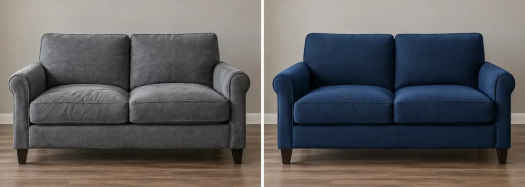 Grey loveseat recovered in navy fabric, before and after