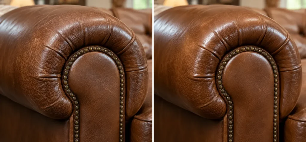 Brown leather arm trimmed with nailheads, before and after cleaning and protection