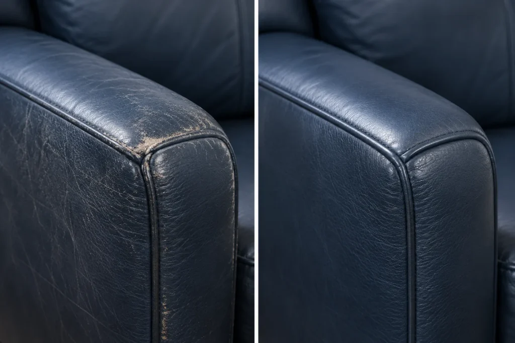 Navy leather armrest with flat padding, before and after repair