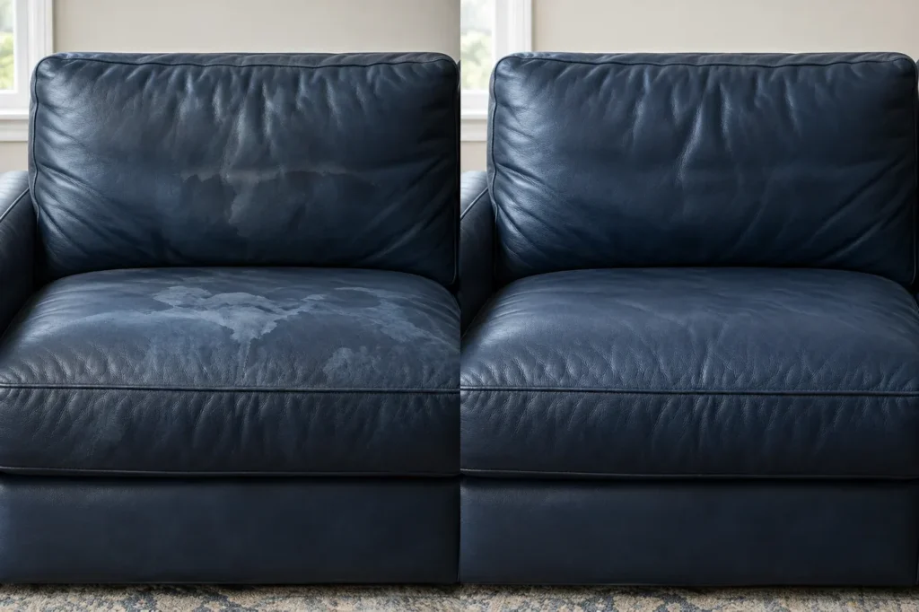 Navy leather sofa with water marks, before and after repair
