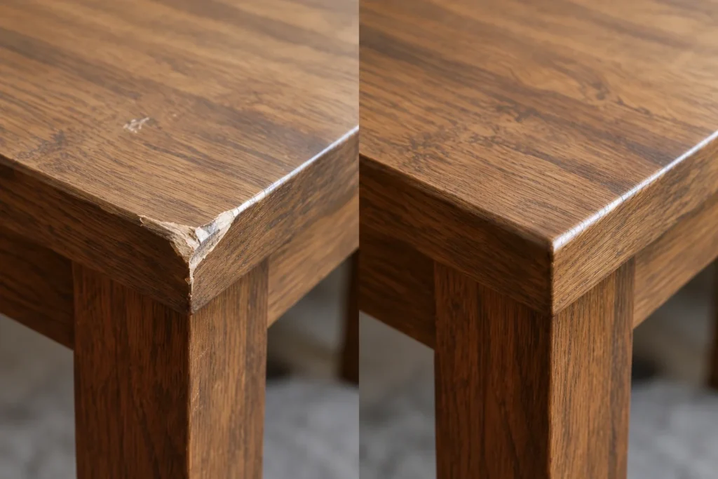 Oak dining table with a chipped corner, shown before and after the repair