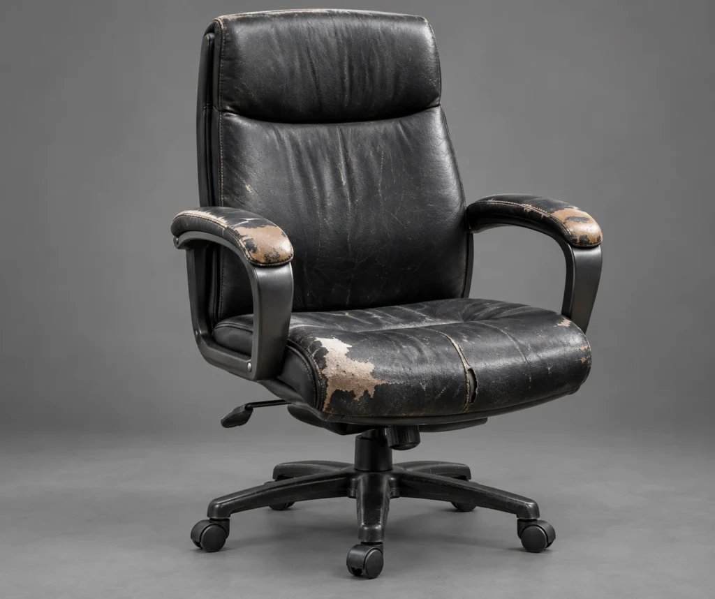 Black leather office chair before repair, with worn arm pads and seat