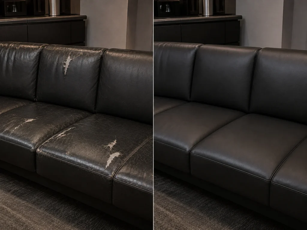 Lobby sofa in peeling black leather, before and after