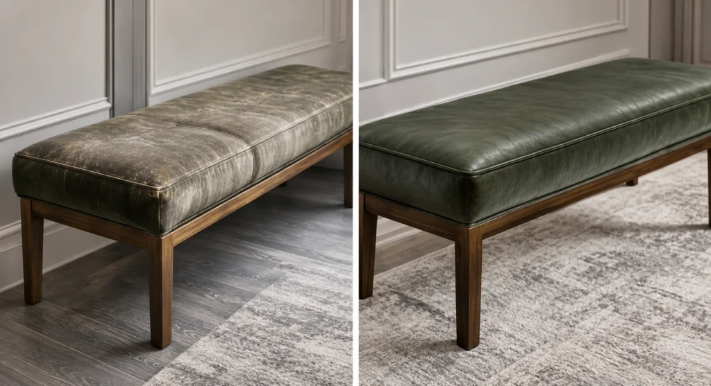 Bench recovered in olive green leather, before and after