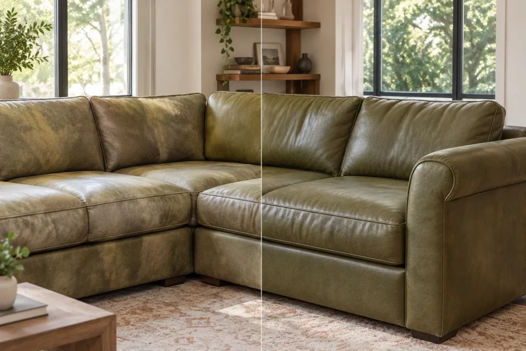 Faded olive leather sectional, before and after color restoration