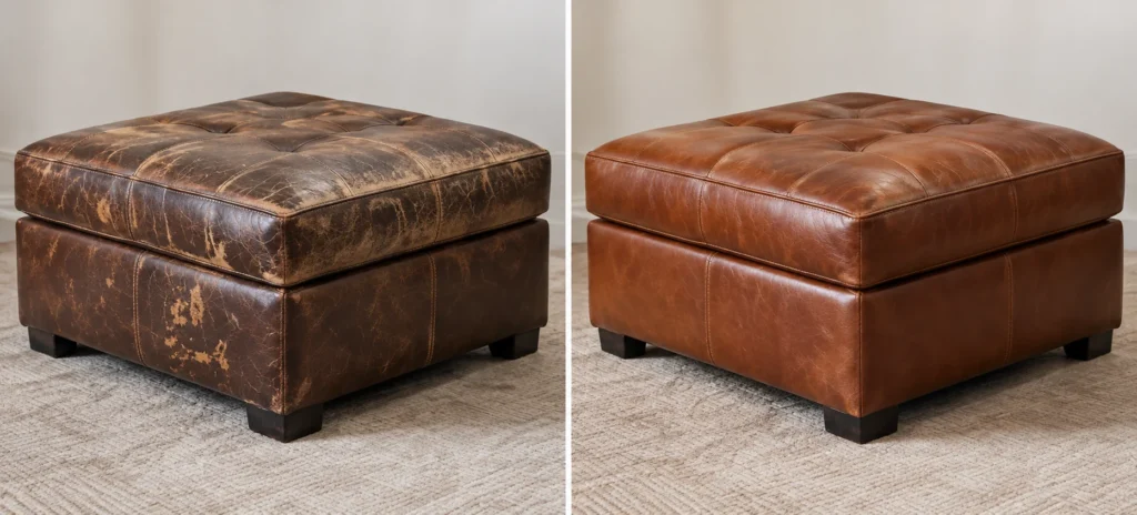Faded leather ottoman shown before and after its color was restored