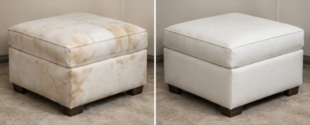 Pale leather ottoman with a stain, before and after cleaning