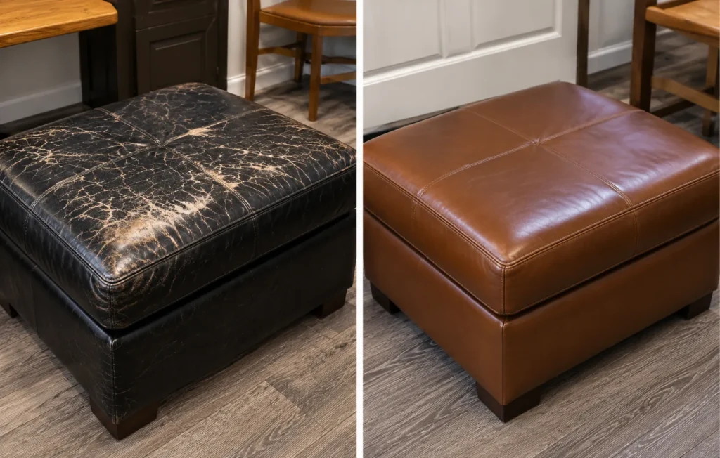 Black ottoman recovered in tan leather, before and after
