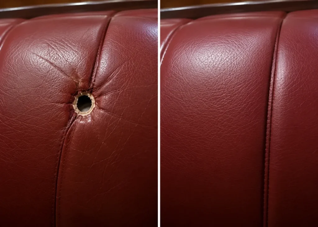 Oxblood channel-stitched leather with a hole, before and after repair
