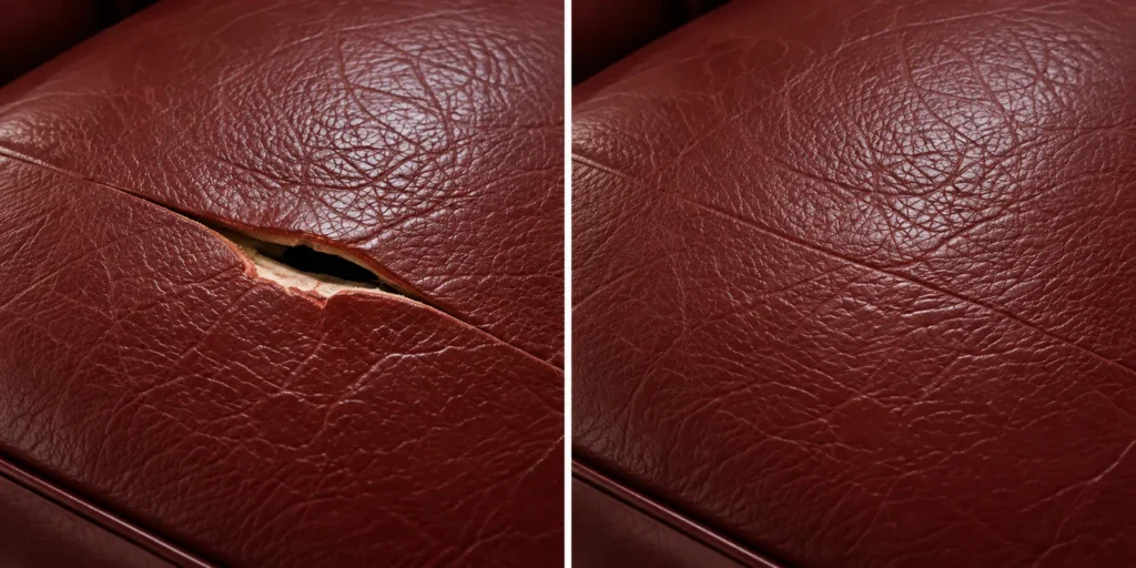 Oxblood leather before and after tear repair