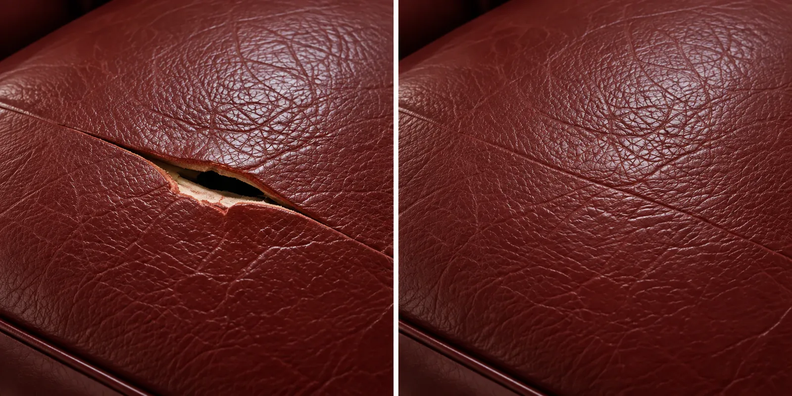 Hole in oxblood leather: tears & holes before and after repair