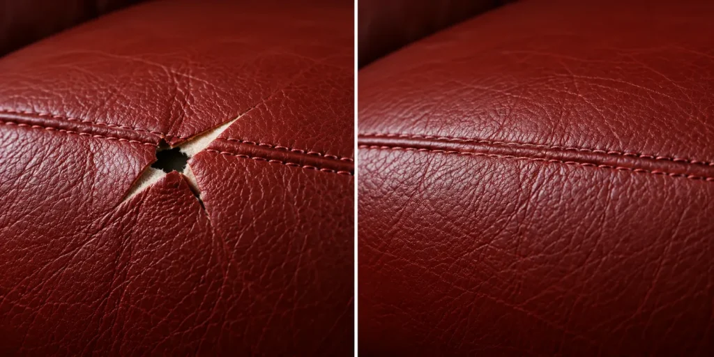 Oxblood leather star rip before and after repair