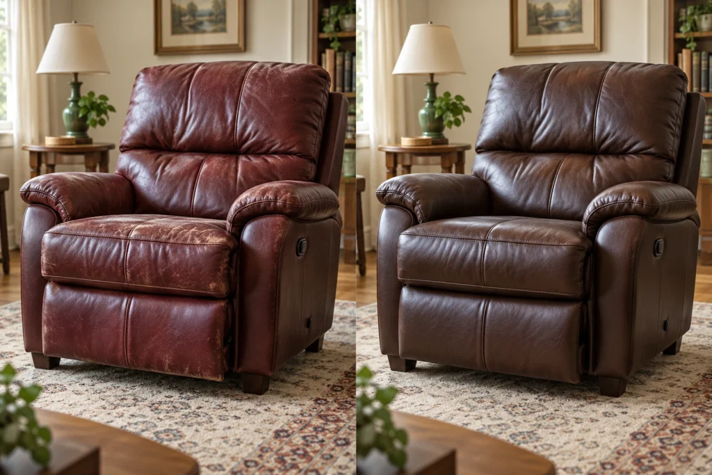 Burgundy recliner with cracked leather, redone in brown, before and after