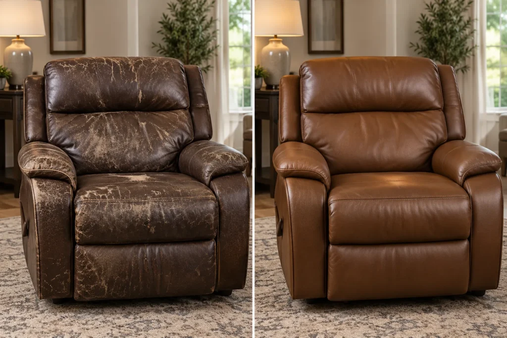 Cracked recliner recovered in tan leather, before and after
