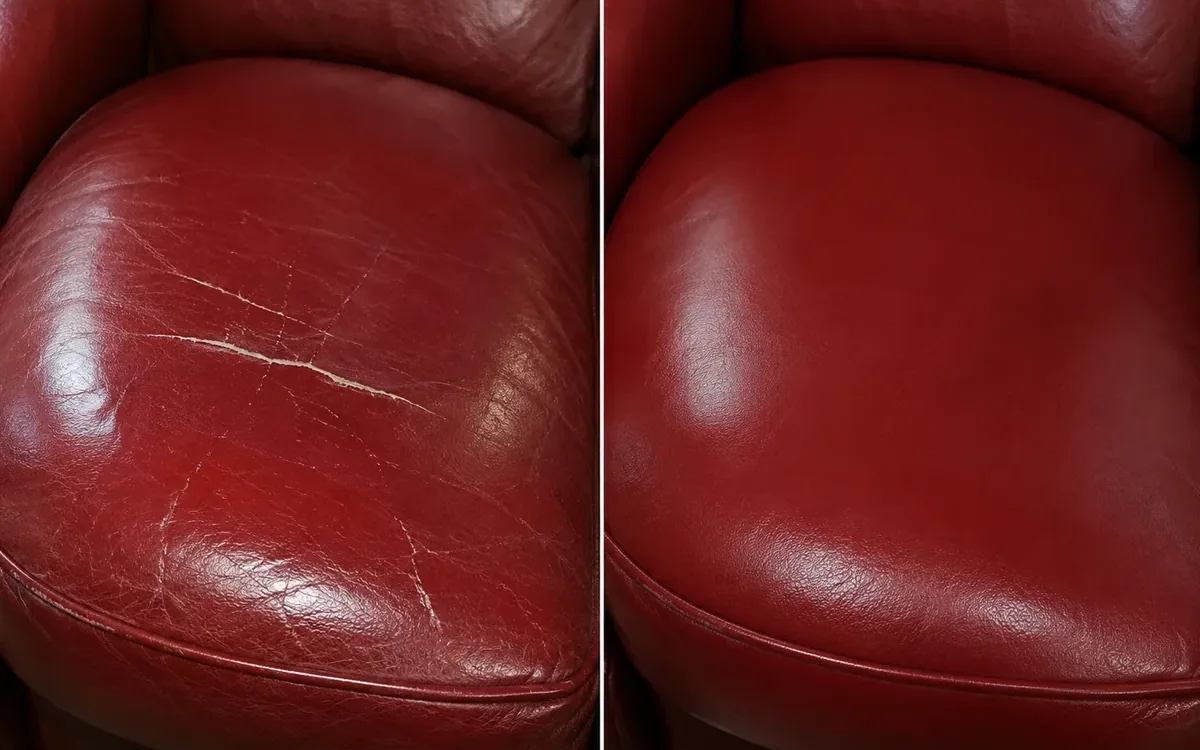Red armchair: scratches before and after repair