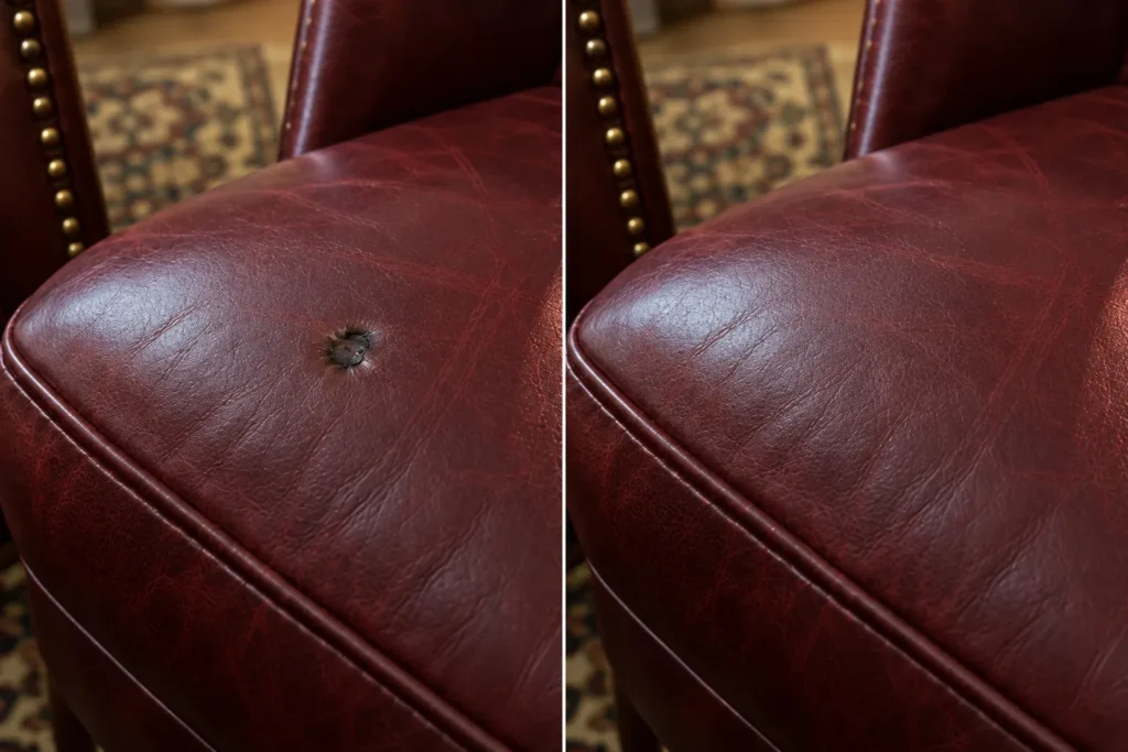 Red leather chair burn, before and after repair