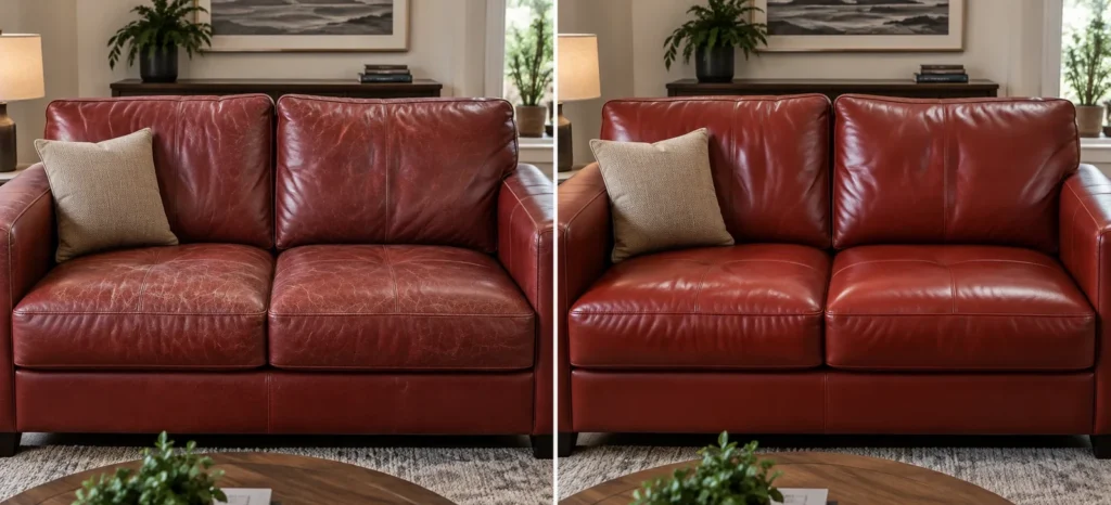 Dull, creased red leather sofa, before and after conditioning