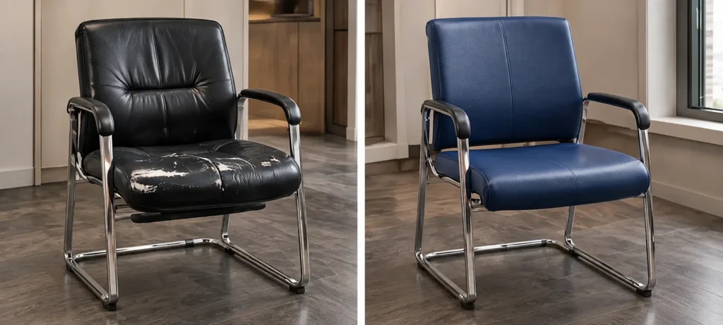 Silla de recepción retapizada en cuero azul, antes y después