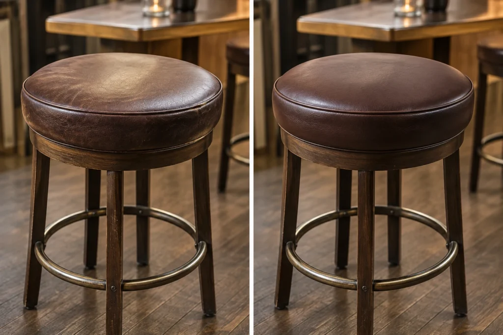 Round leather bar stool seat before and after