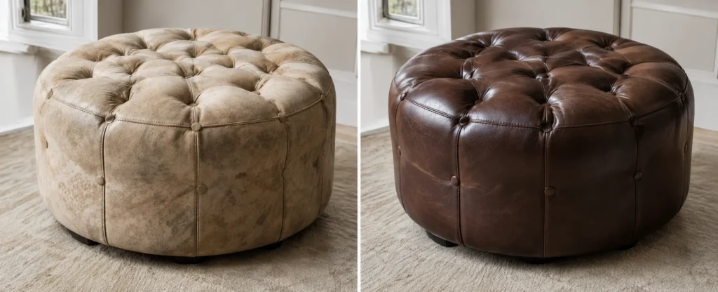 Round tufted ottoman shown before and after a recolor