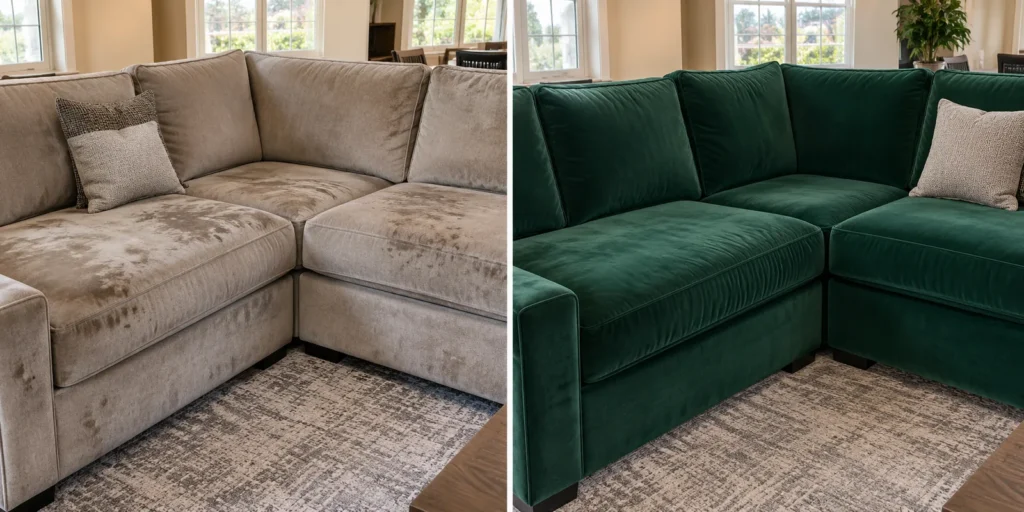 Pale sectional reupholstered in emerald velvet, before and after