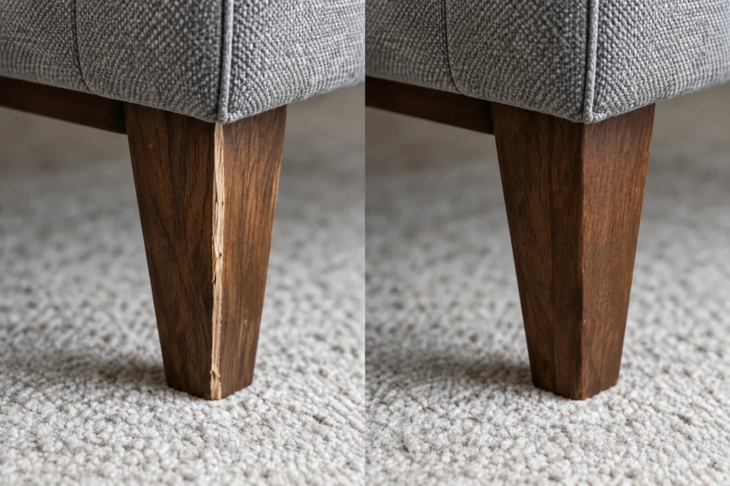 Wooden sofa leg with a split, shown before and after the repair