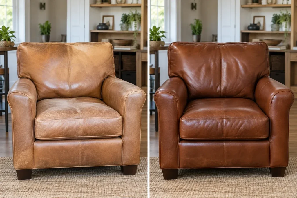 Faded tan leather armchair, before and after color restoration