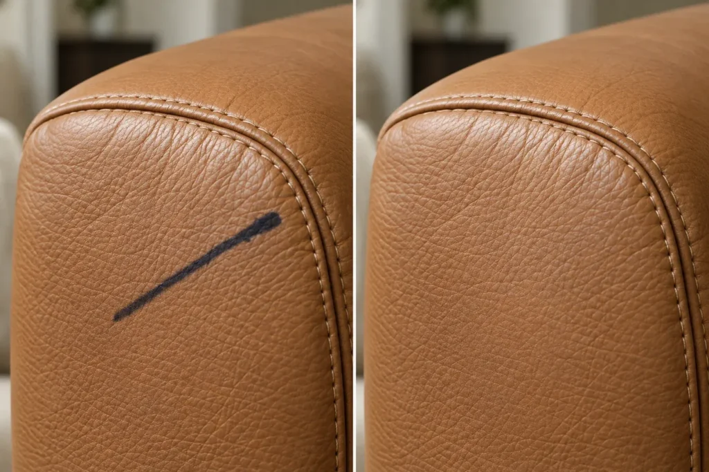Marker line on a tan leather armrest, before and after removal