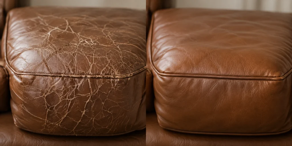 Tan leather cushion with a crazed surface, before and after panel replacement