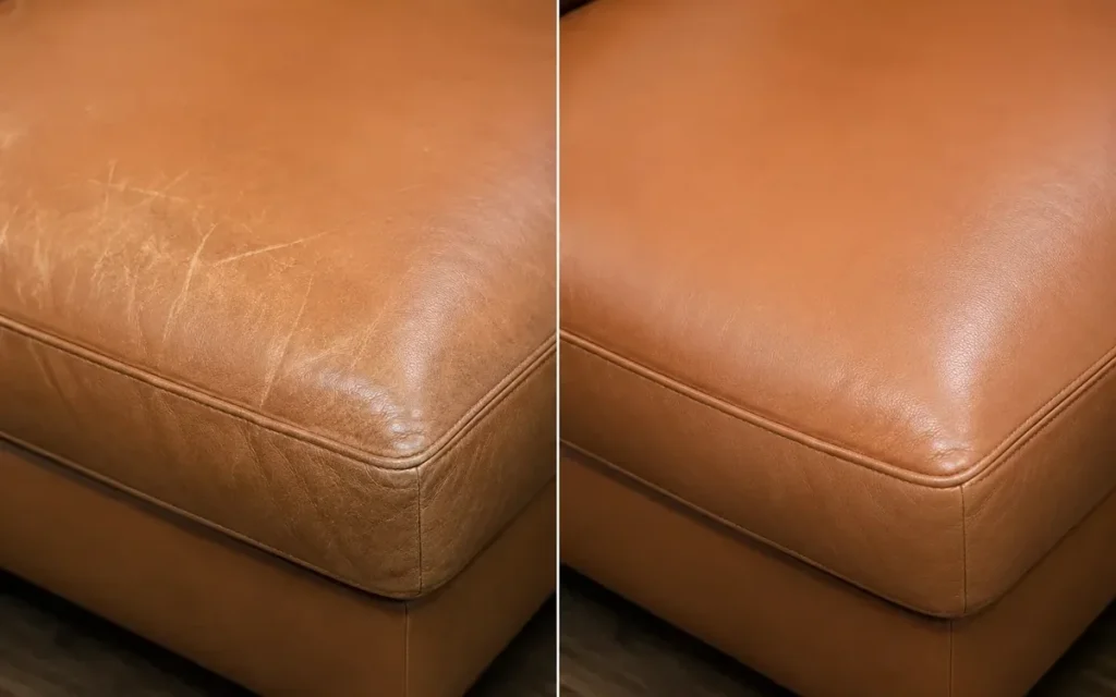 Tan leather ottoman before and after scratch repair