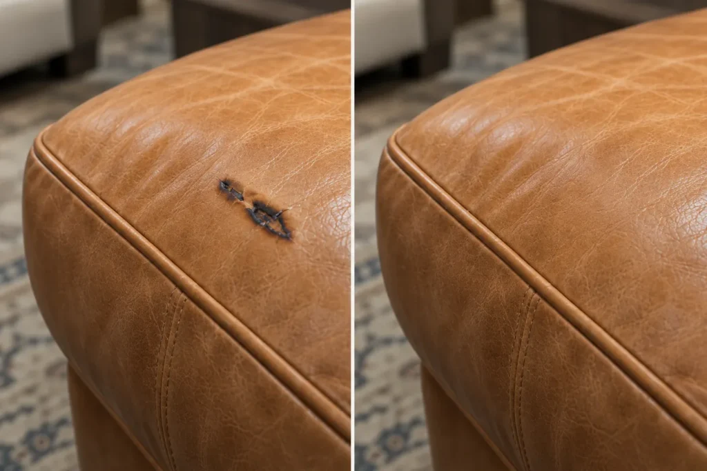 Tan leather sofa arm burn, before and after repair