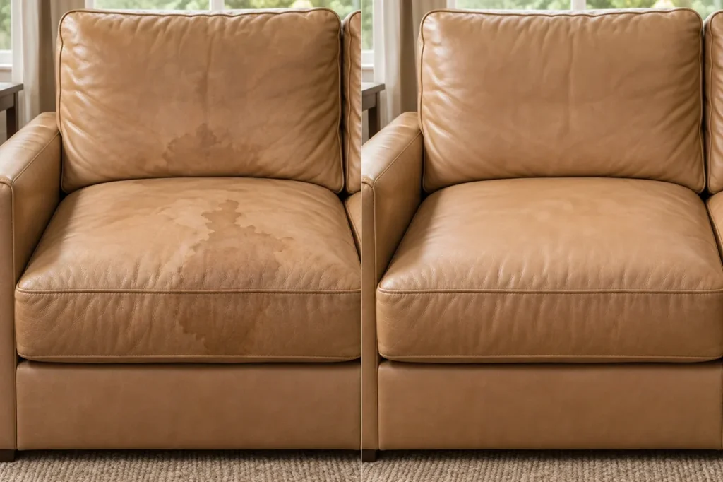 Tan leather loveseat with water stains, before and after repair