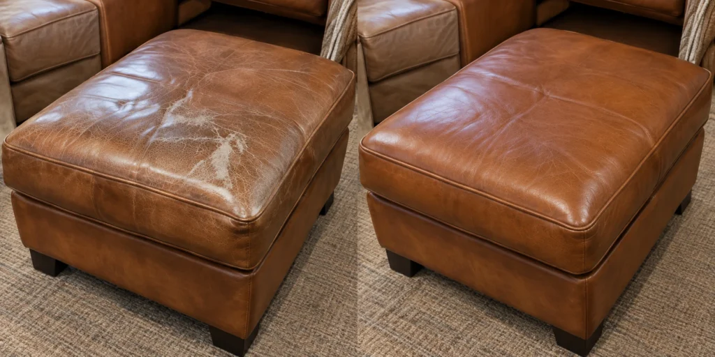 Tan leather ottoman top, before and after panel replacement