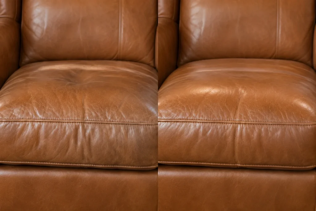Sunken tan leather seat cushion, before and after repair