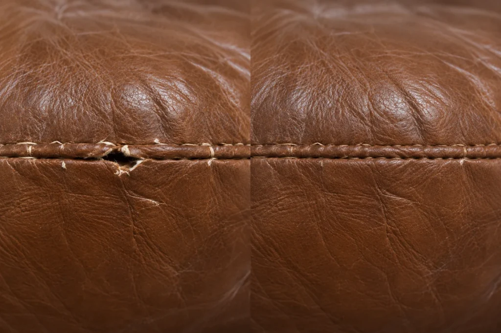 Tan leather seat with a split seam, before and after repair