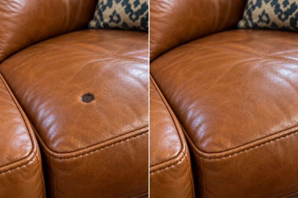 Tan leather cushion burn, before and after repair