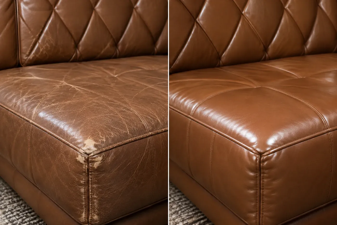 Tan tufted seat: scuffs & wear before and after repair