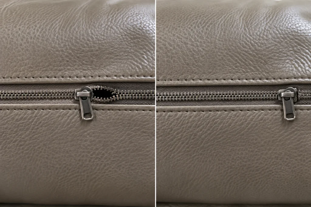 Taupe leather cushion cover zipper, before and after repair