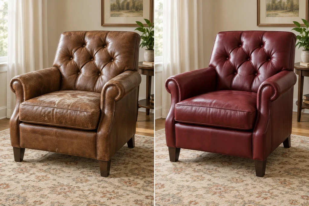 Tufted accent chair recovered in red leather, before and after