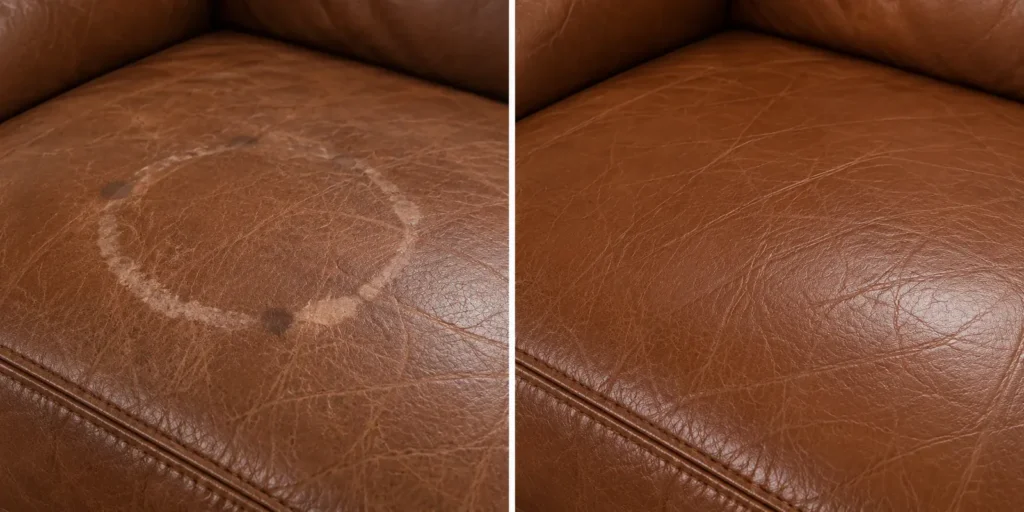 Water ring on a tan leather sofa, before and after removal