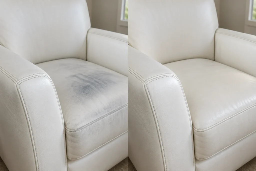 Grey garment dye on a white leather armchair, before and after