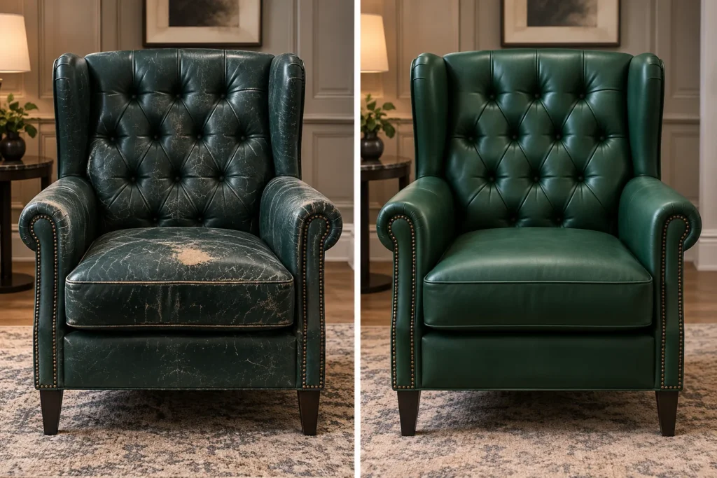 Worn green wing chair recovered, before and after