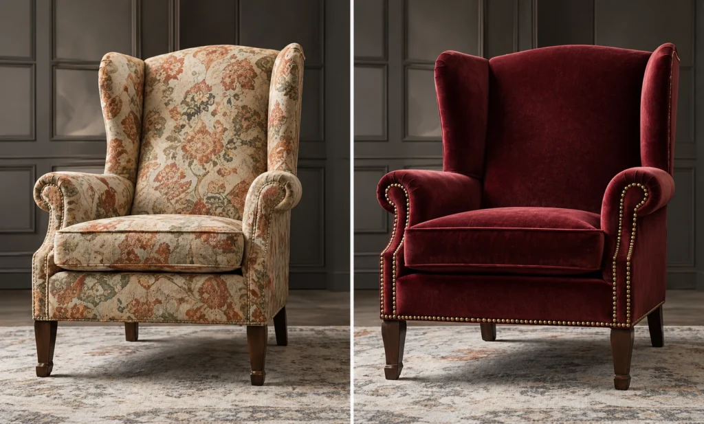 Floral wingback chair before and after reupholstery in burgundy velvet