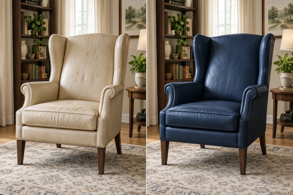 Cream wingback chair recovered in navy leather, before and after