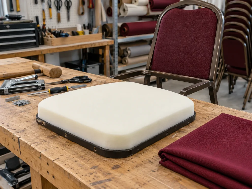 Fresh foam on the seat pan of a banquet chair