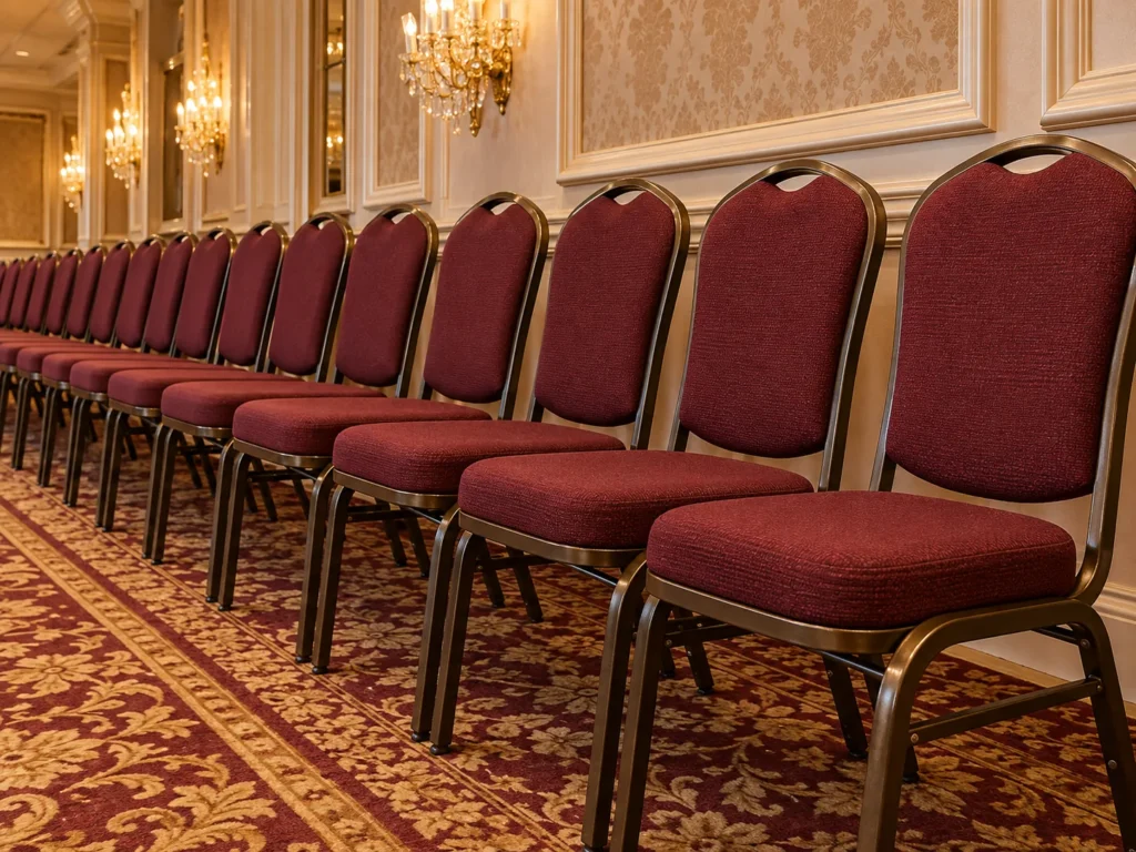 A recovered run of banquet chairs in a hall