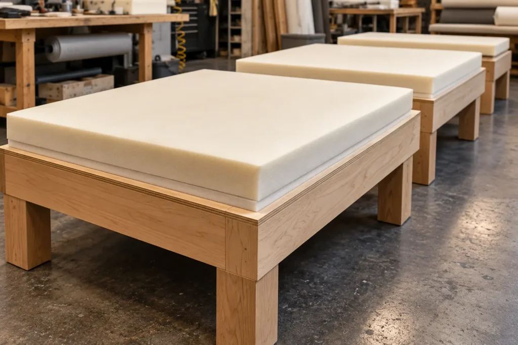 Banquette bases with new foam on plywood carcasses