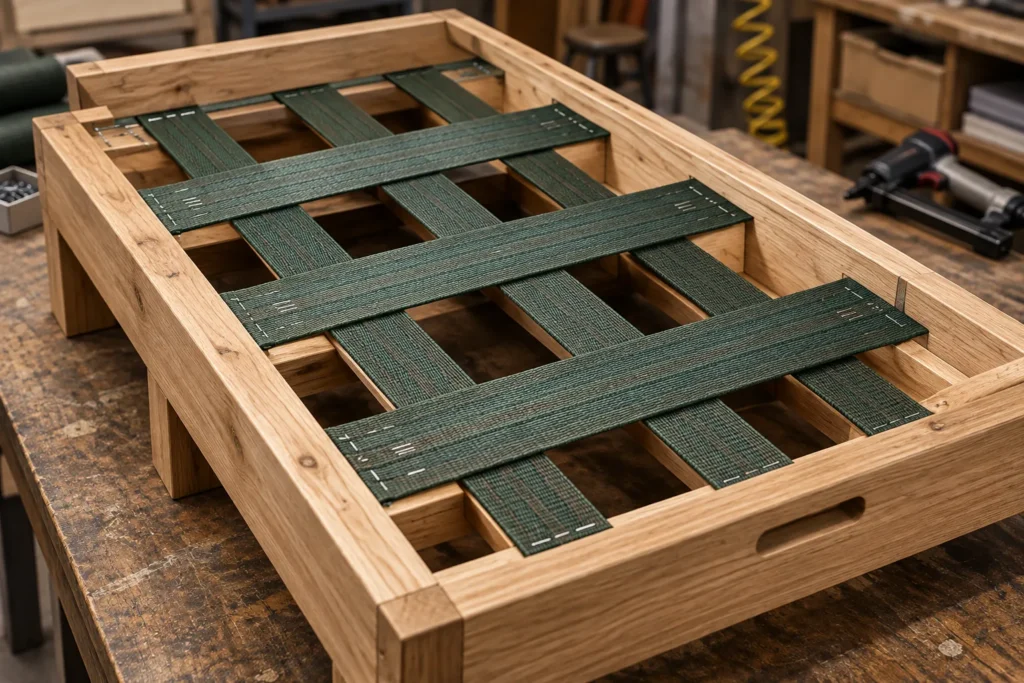 A banquette frame strung with elastic webbing