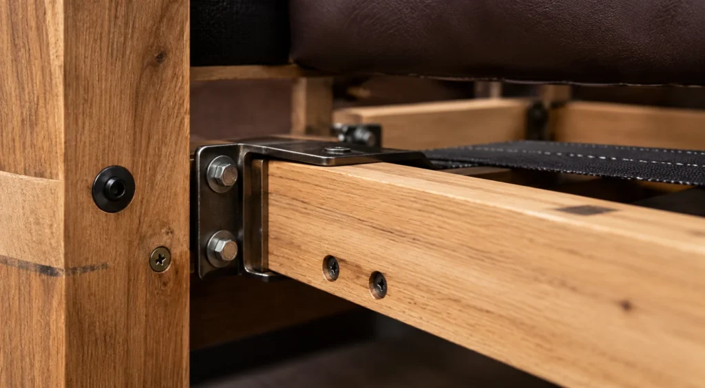 Bolted bracket joining a bed side rail to the headboard post