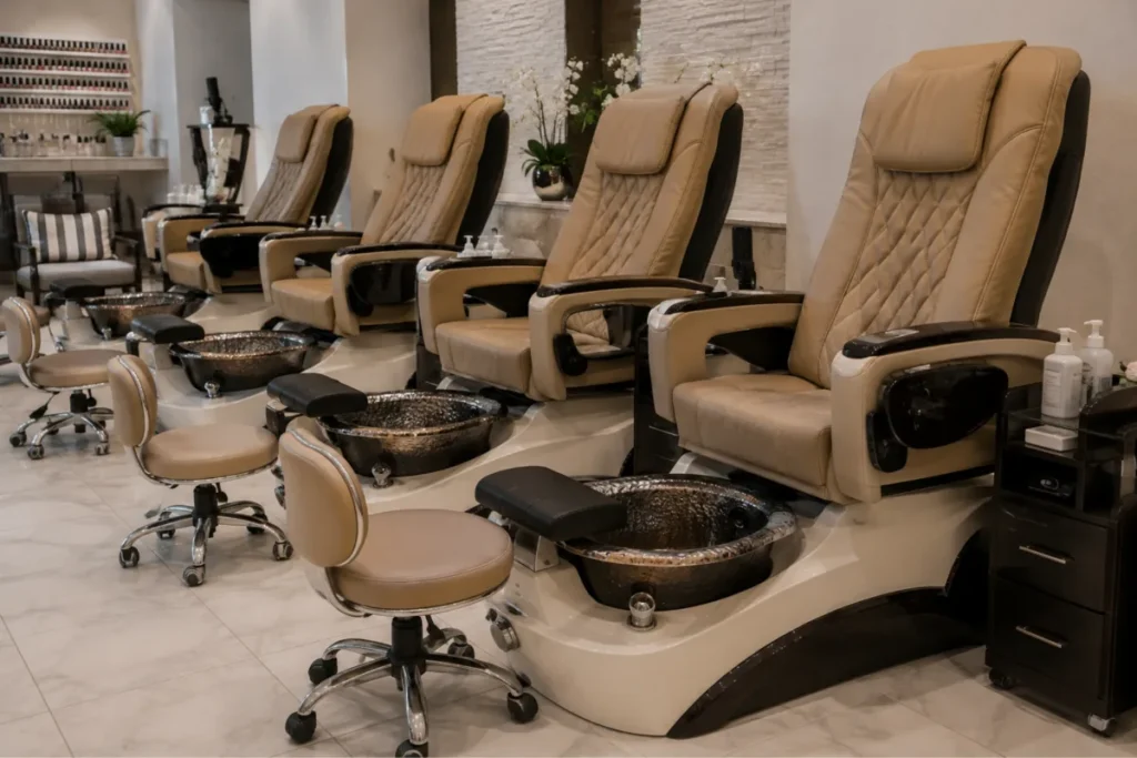 Row of beige pedicure chairs next to their foot basins